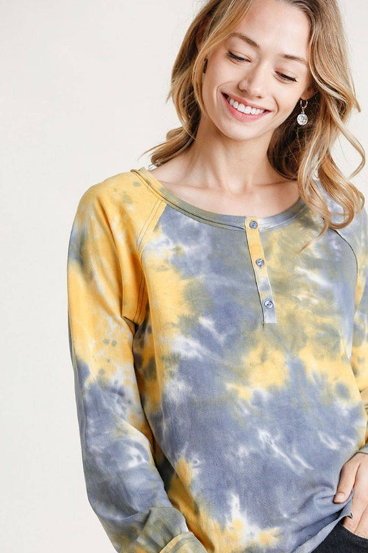 Umgee Full Size Tie Dye Button Front Long Raglan Sleeve Top Plus Size - Clothes For Her Online Store