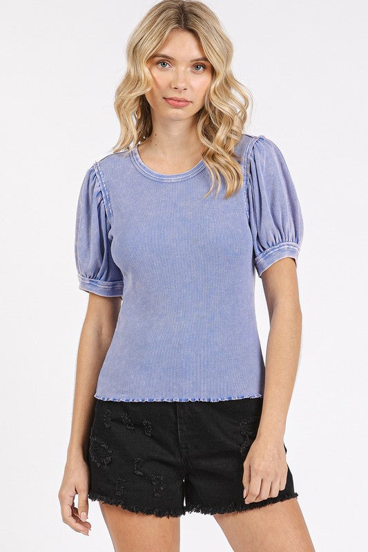 Mittoshop Mineral Wash Puff Sleeve Rib Knit Top - Clothes For Her Online Store