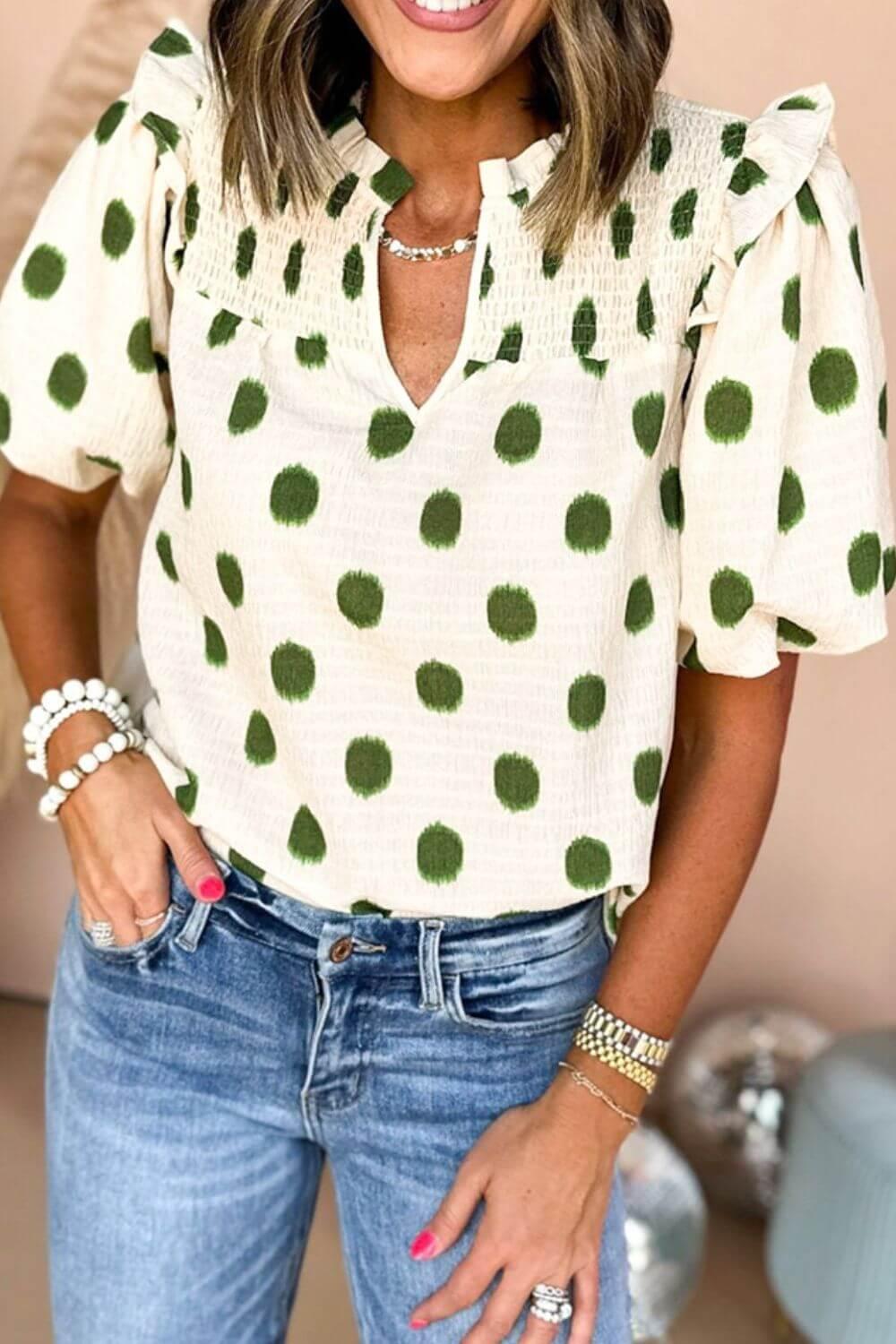 Polka Dot Shirred Yoke Notched Neck Puff Sleeve Blouse