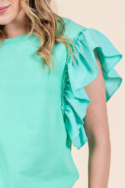 Lime 'N' Chili Solid Shoulder Ruffle Detail Round Neck Top