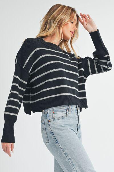 Aemi + Co Side Slit Striped Round Neck Knit Top