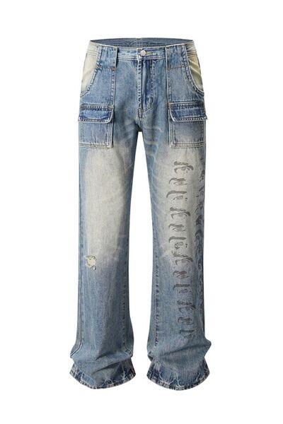 Men's Distressed Detail Printed Baggy Jeans