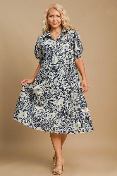 Umgee Full Size Printed Smocked Cuff Puff Sleeve Midi Dress Plus Size