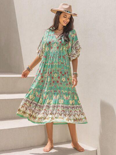 Ruched Printed Puff Sleeve Midi Dress