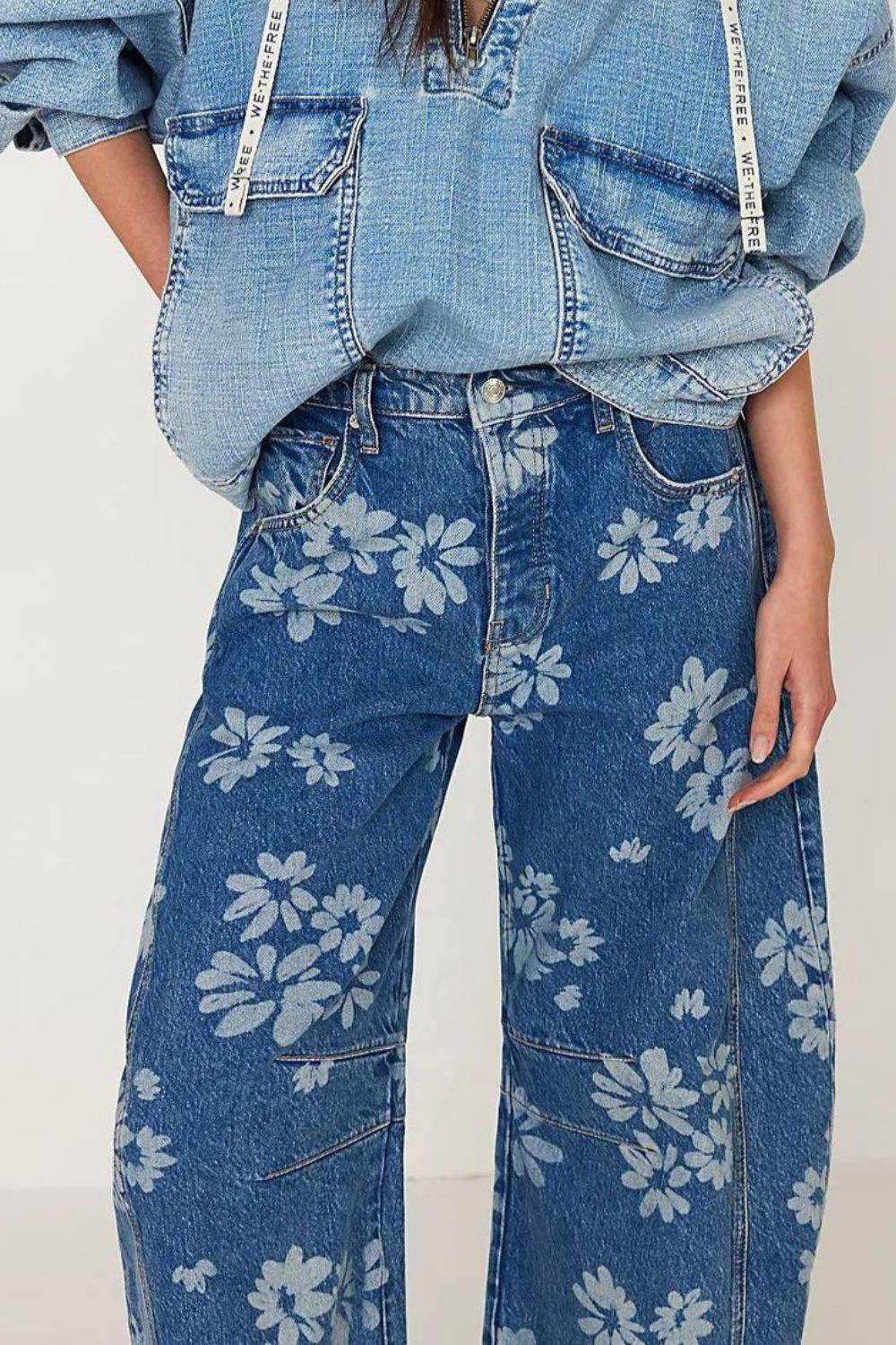 Flower Print Wide Leg Jeans - Clothes For Her Online Store