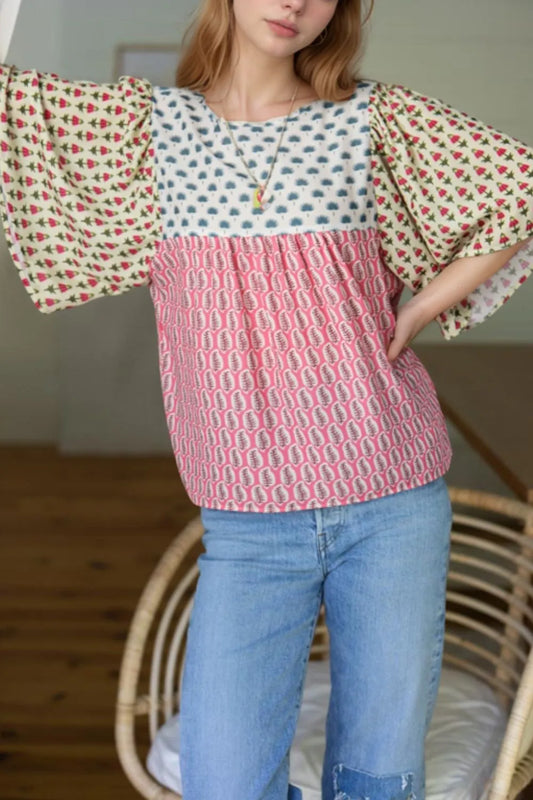 Floral Color Block Kimono Sleeves Blouse