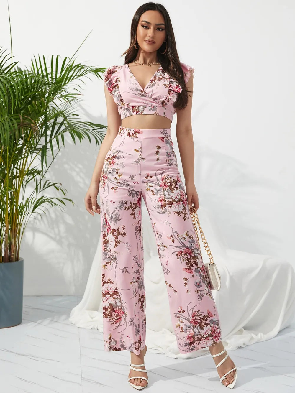 Honey Printed Surplice Cap Sleeve Top and Pants Set - Clothes For Her Online Store