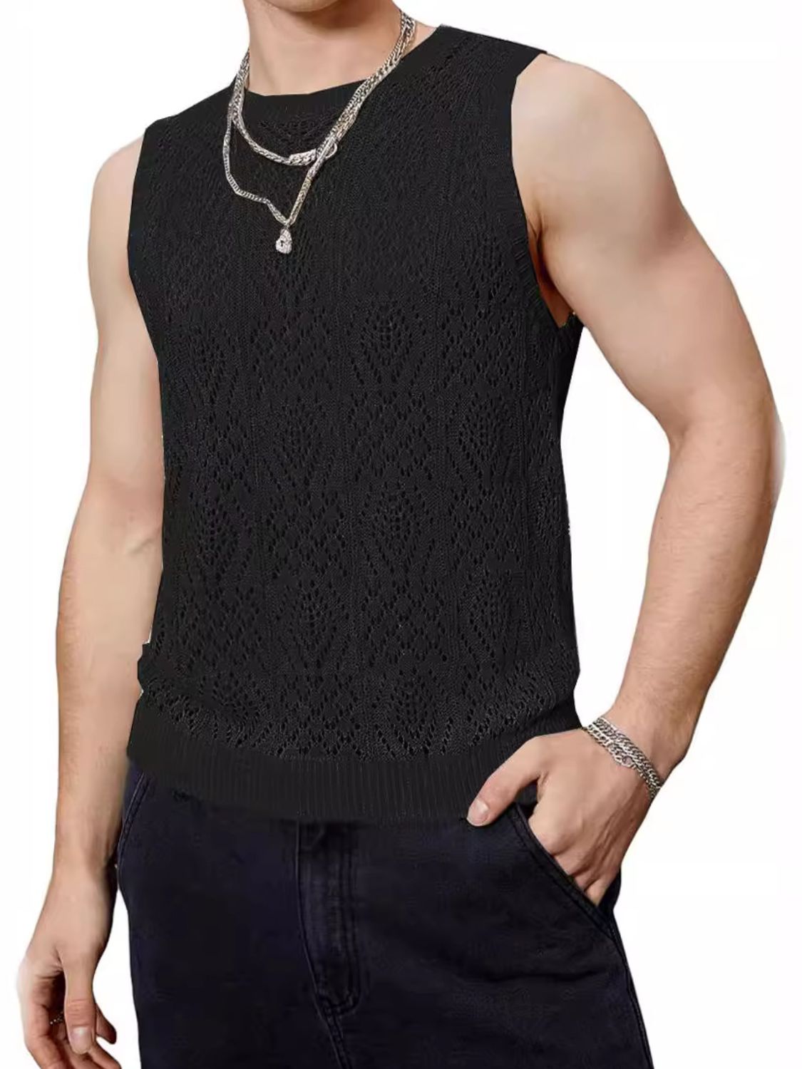Men's Openwork Round Neck Tank - Clothes For Her Online Store