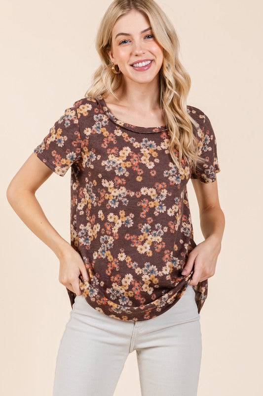 BOMBOM Lightweight Floral Round Neck Short Sleeve T-Shirt - Clothes For Her Online Store