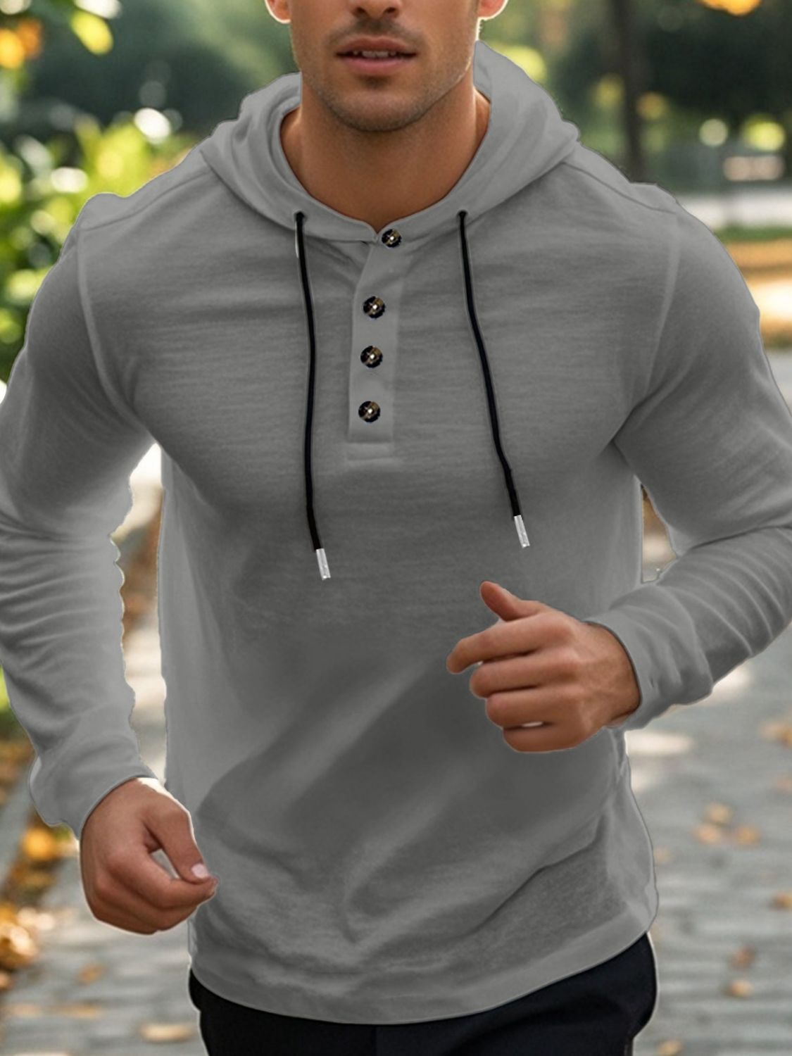 Men's Full Size Drawstring Button Detail Long Sleeve Hoodie Plus Size - Clothes For Her Online Store