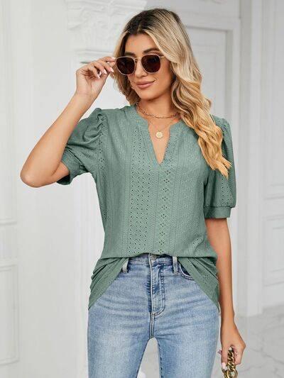 Florira Eyelet Notched Short Sleeve T-Shirt