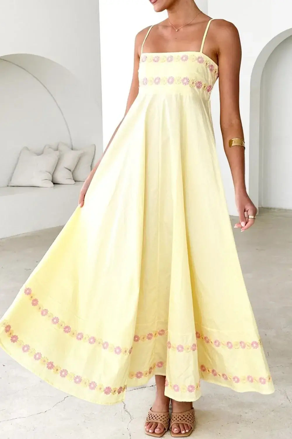 Floral Embroidered Spaghetti Strap Maxi Dress