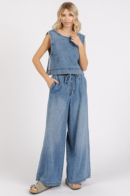 Mittoshop Washed Denim Distressed Detail Crop Tank - Clothes For Her Online Store