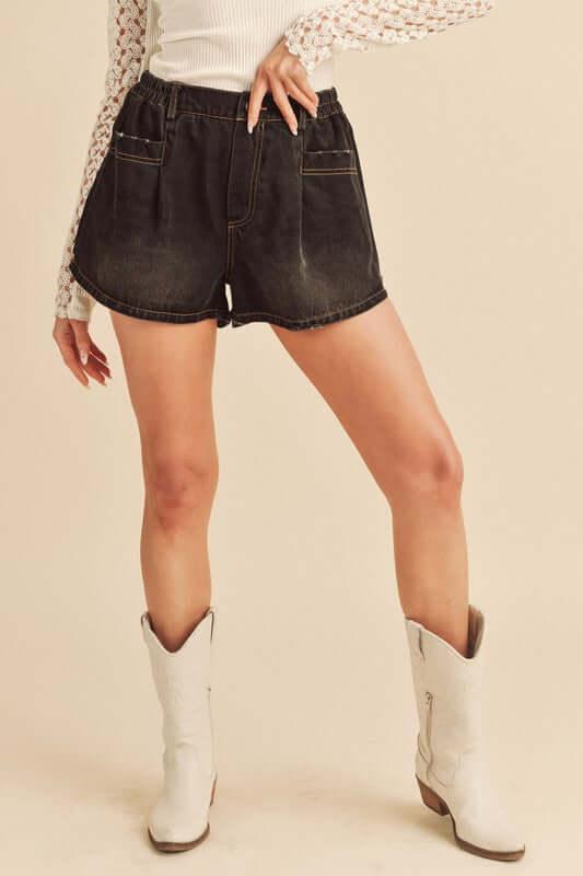 Aemi + Co Frayed Hem Elastic Waist Denim Shorts