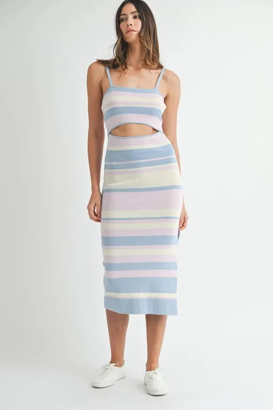 MABLE Multi Color Striped Front Cutout Knit Midi Dress