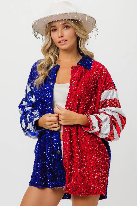 BiBi American Flag Sequin Snap Down Shirt
