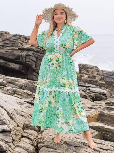 Plus Size Printed Notched Short Sleeve Maxi Dress - Clothes For Her Online Store