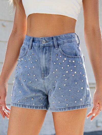 Rhinestone Washed High Waist Denim Shorts