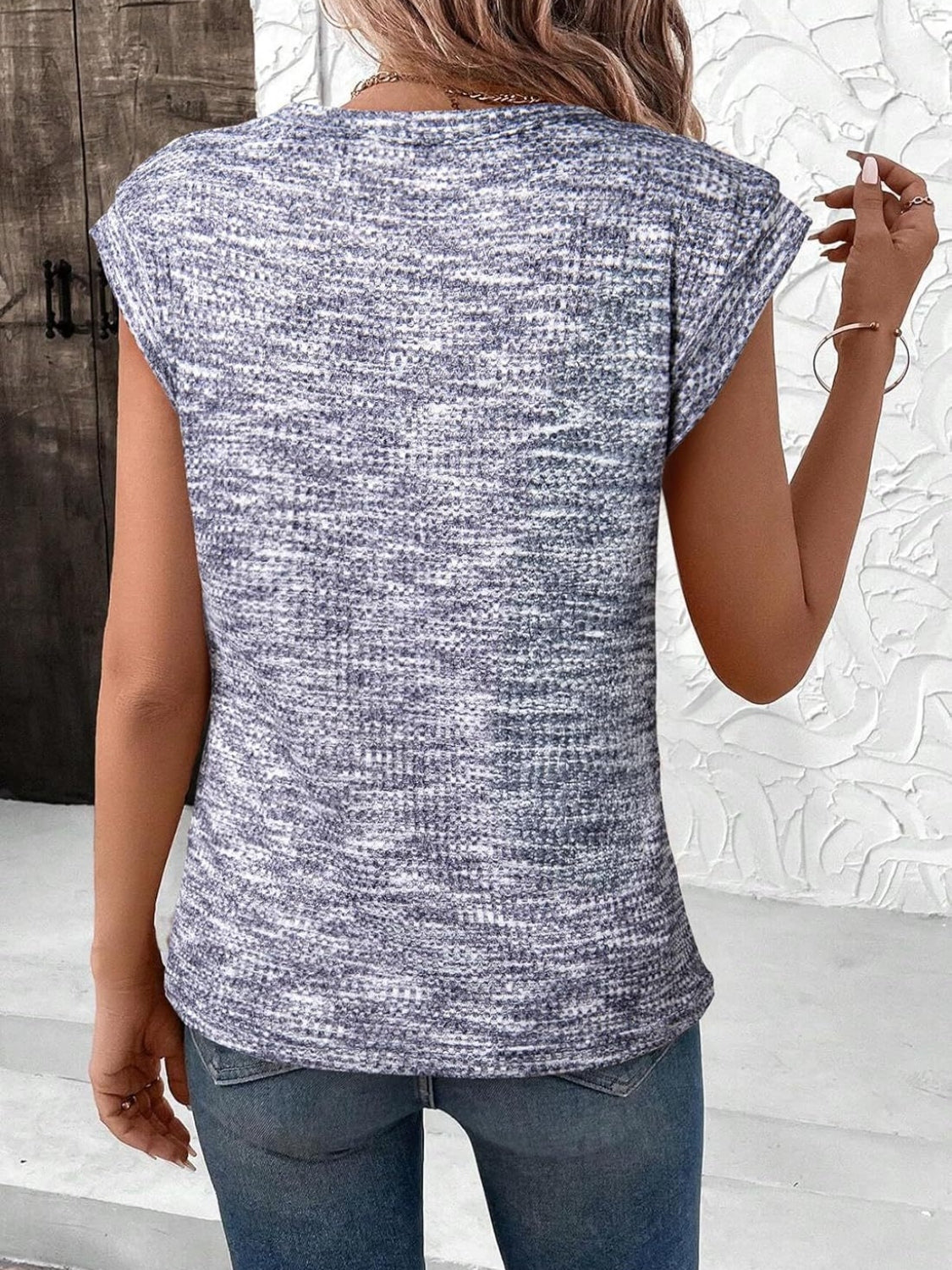 Heathered Round Neck Cap Sleeve T-Shirt