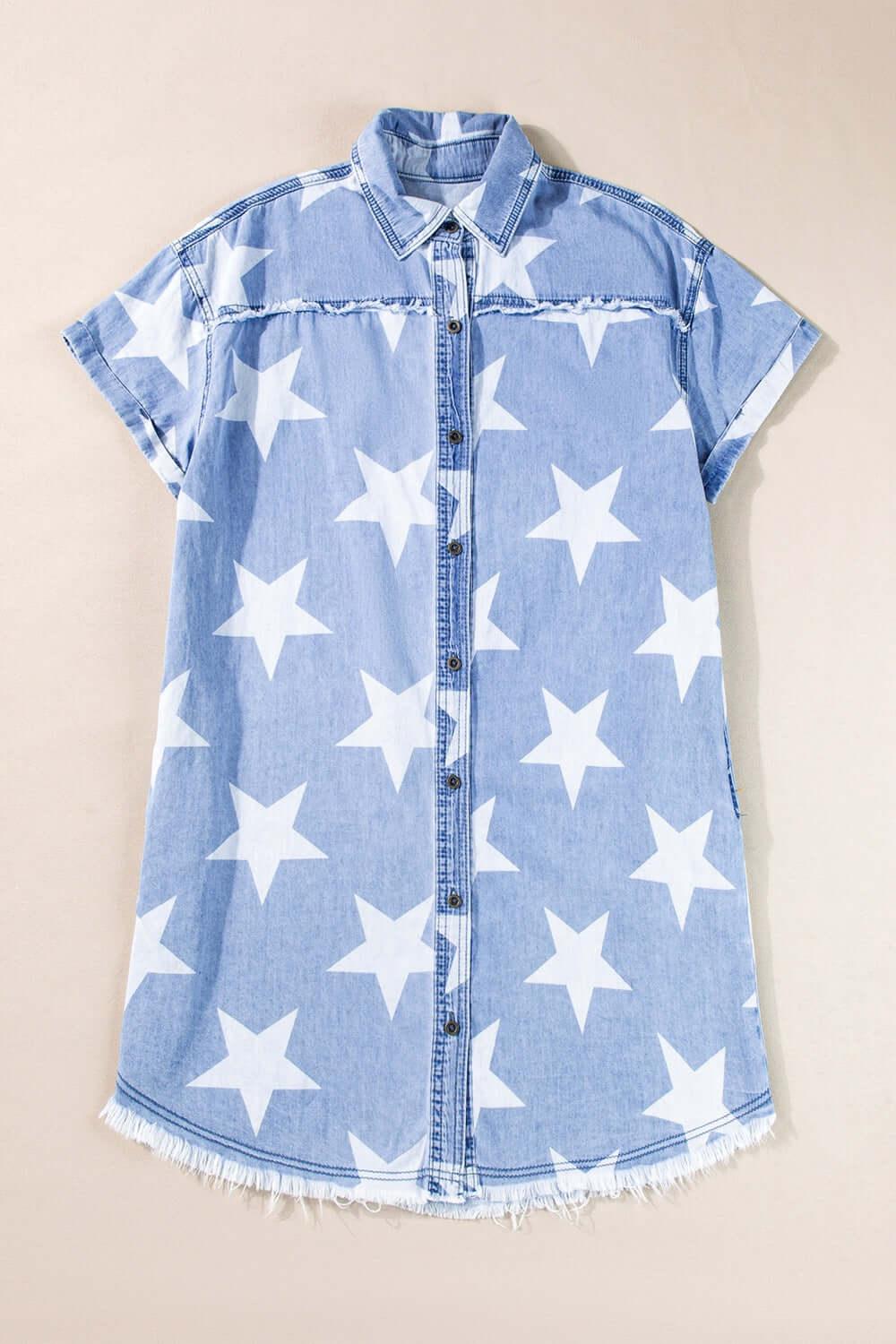 Stars Frayed Hem Collared Short Sleeve Denim Dress