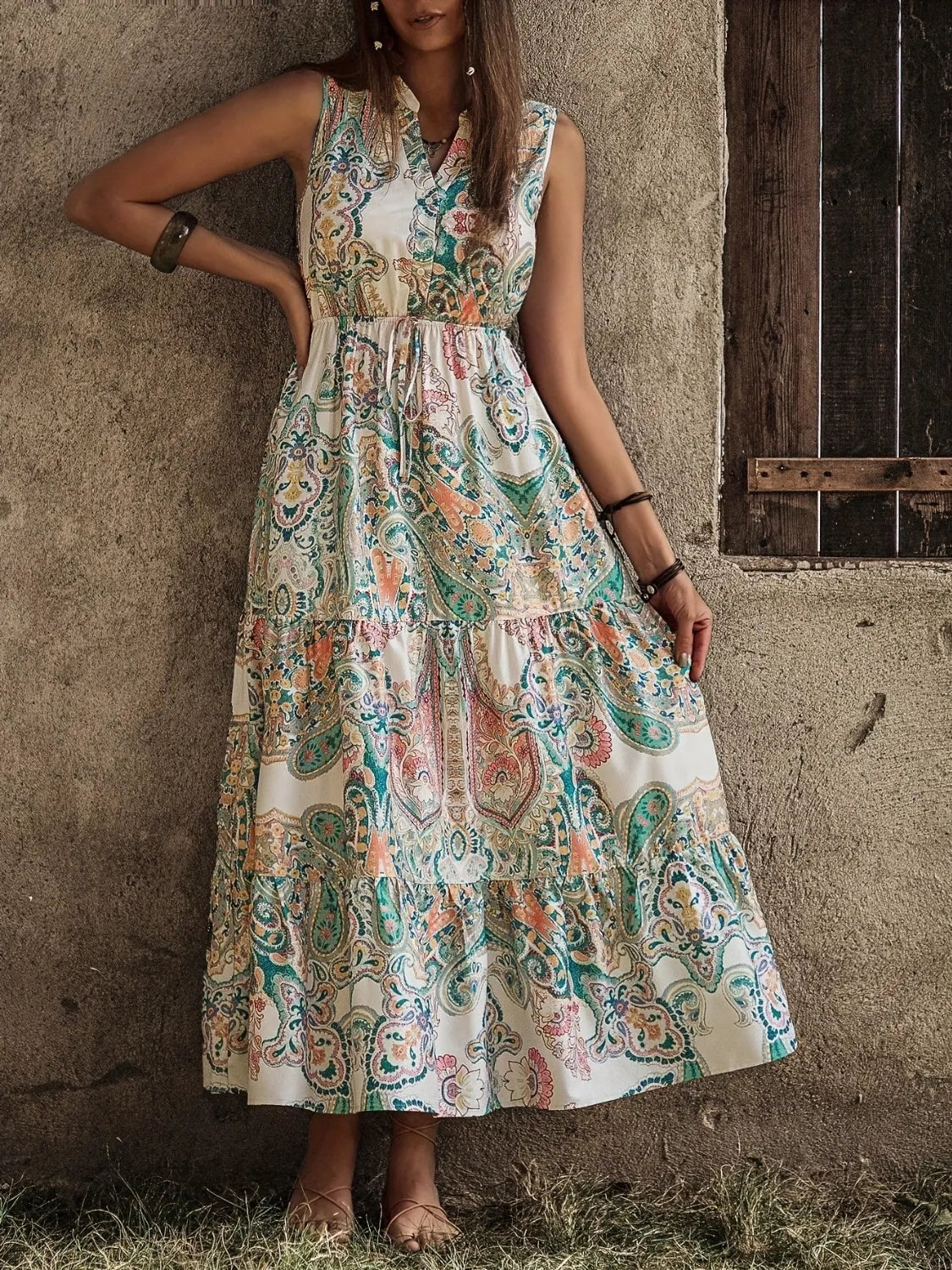 Printed Notched Sleeveless Dress