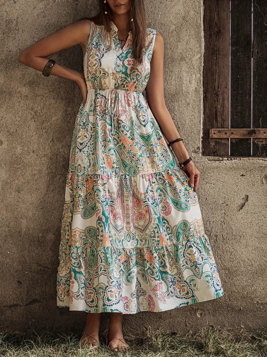 Printed Notched Sleeveless Dress