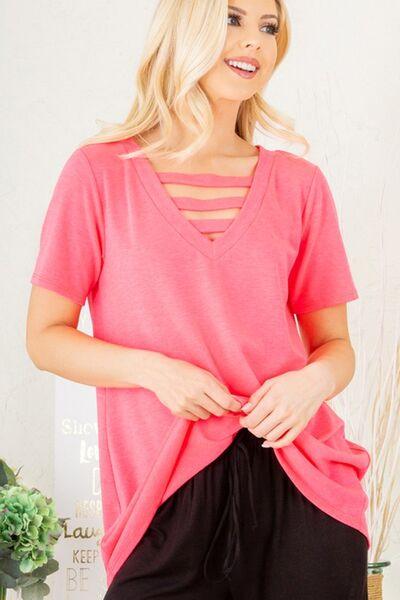Heimish Full Size V-Neck Short Sleeve T-Shirt with Bar Detail Plus Size - Clothes For Her Online Store