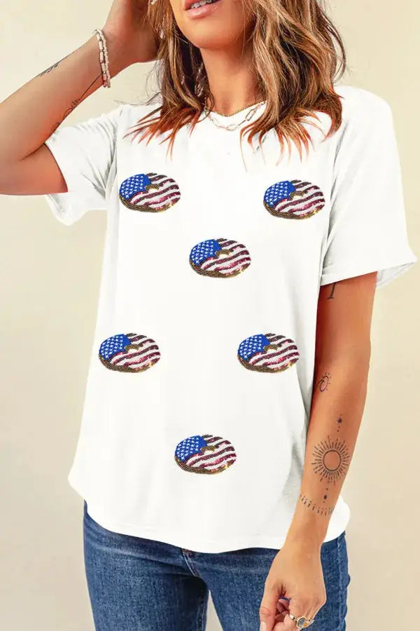 Sequined Flag Round Neck Short Sleeve T Shirt - Clothes For Her Online Store