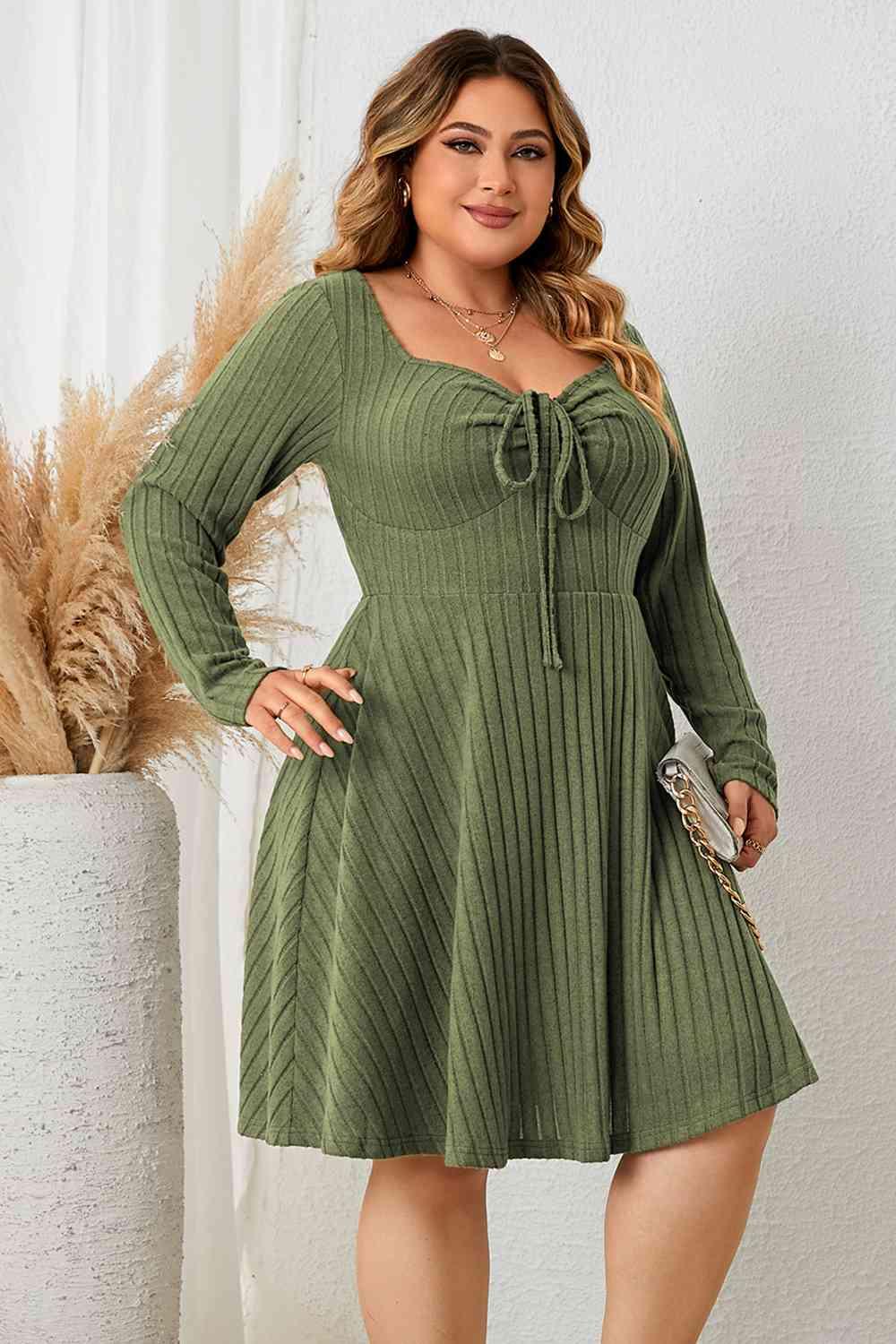 Honey Plus Size Sweetheart Neck Long Sleeve Ribbed Dress - Clothes For Her Online Store