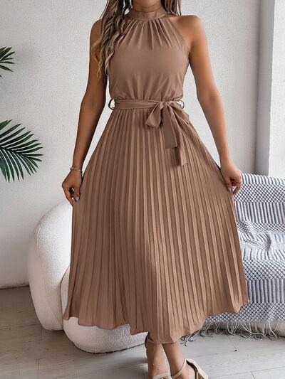 Grecian Neck Tie Waist Pleated Dress