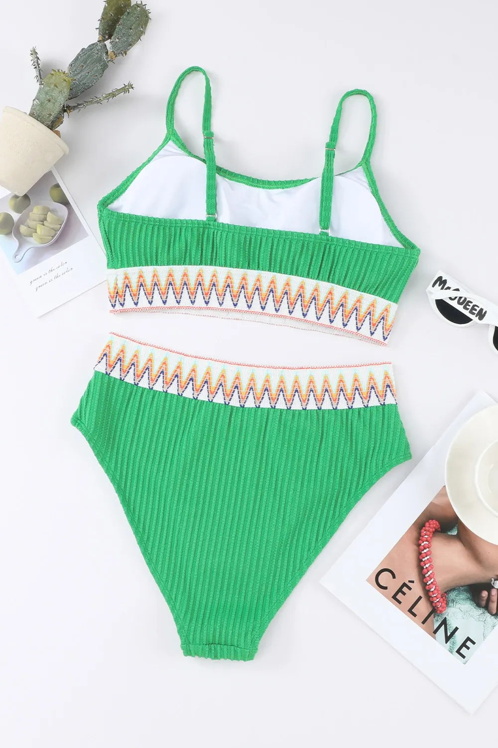 Textured Contrast Banding Bikini High Waist 2pcs Swimsuit