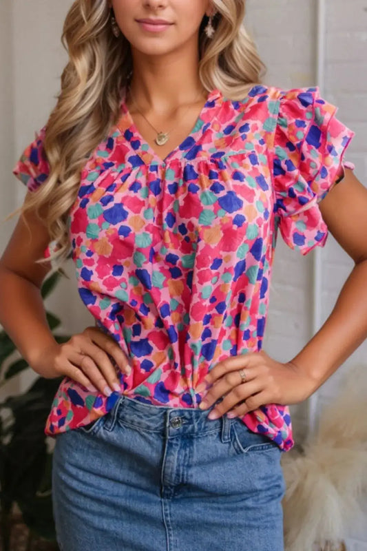 Abstract Print Ruffled Sleeve Notched Blouse - Clothes For Her Online Store