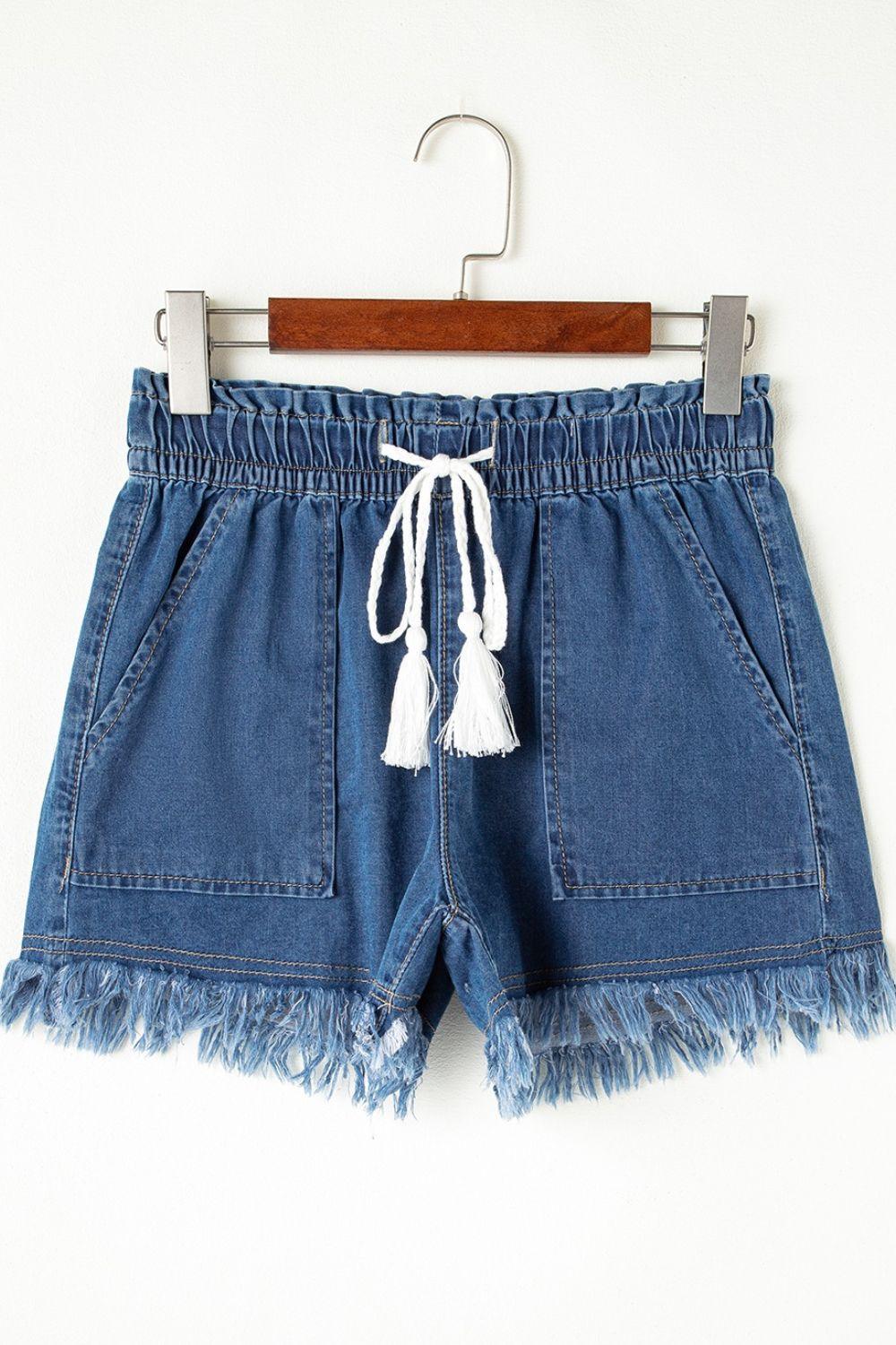 Raw Hem Drawstring High Waist Denim Shorts with Pockets