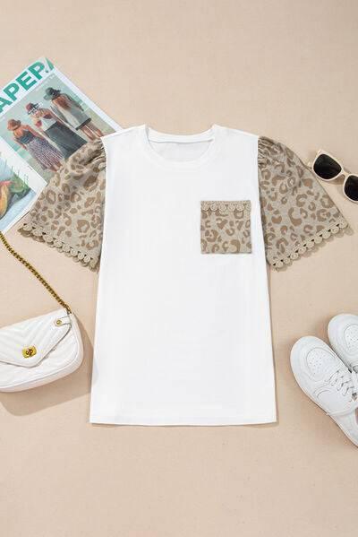 Leopard Patchwork Crochet Lace Trim Puff Sleeve T Shirt