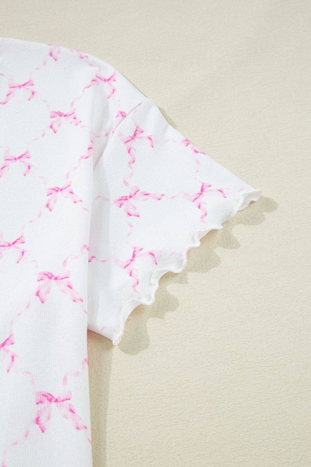 Bow Print Lettuce Trim Round Neck Top and Shorts Lounge Set - Clothes For Her Online Store