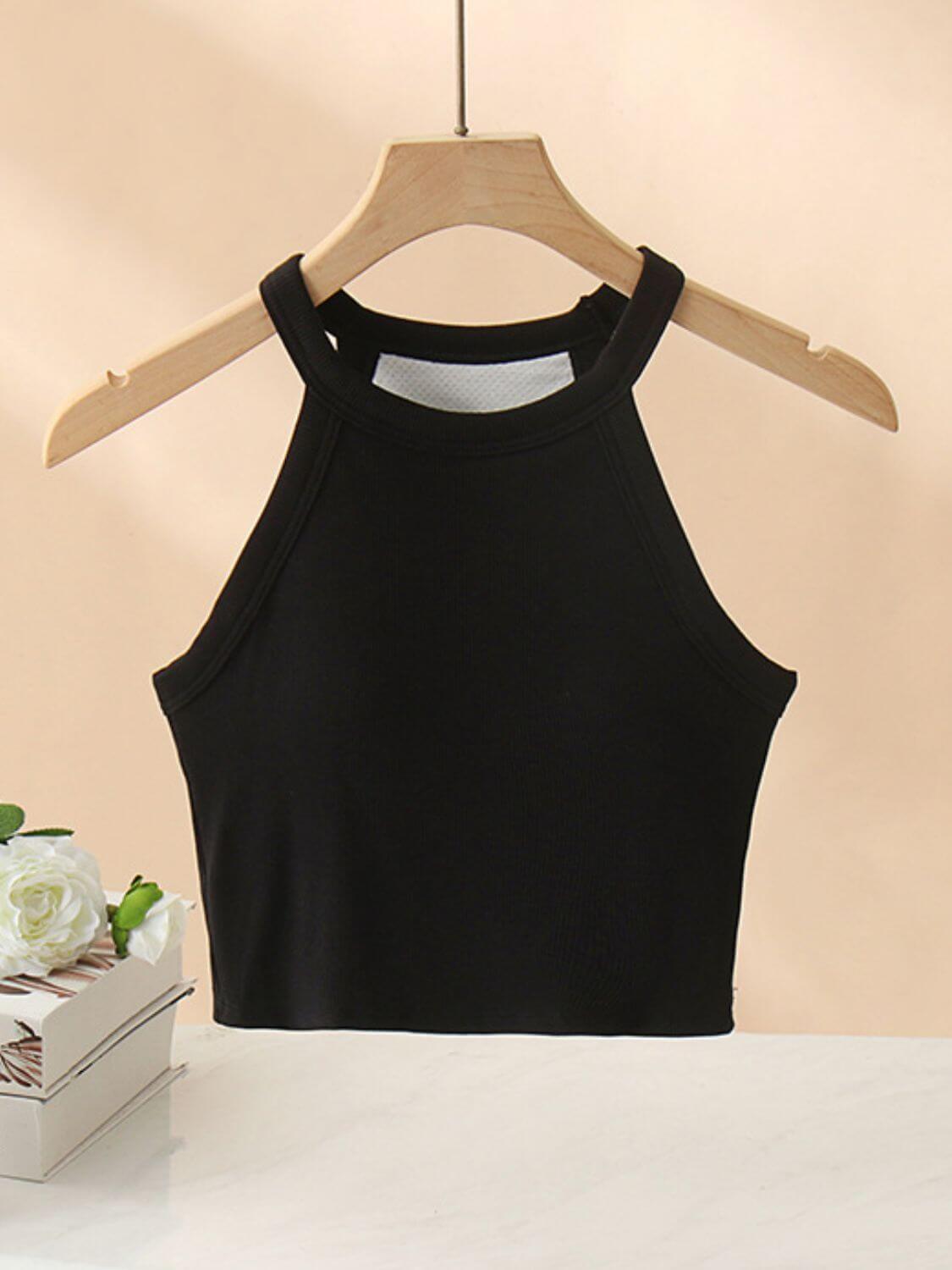 Ribbed Grecian Neck Cropped Tank with Chest Pads