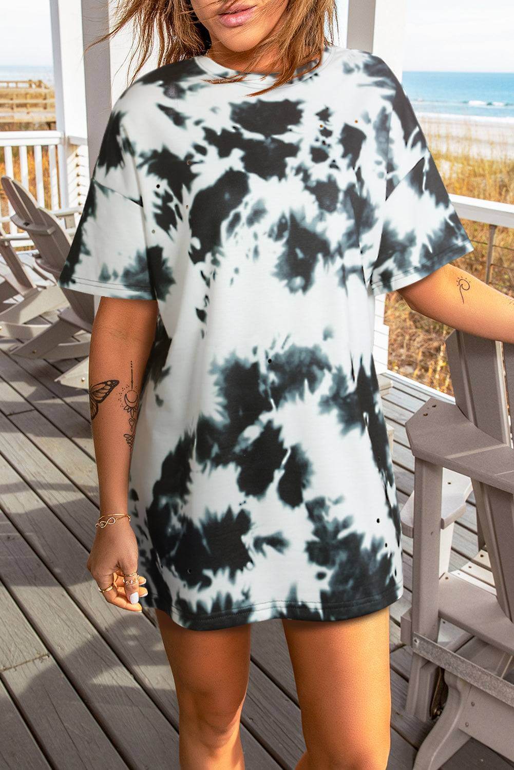 Tie-Dye Round Neck Short Sleeve Tunic Tee - Clothes For Her Online Store