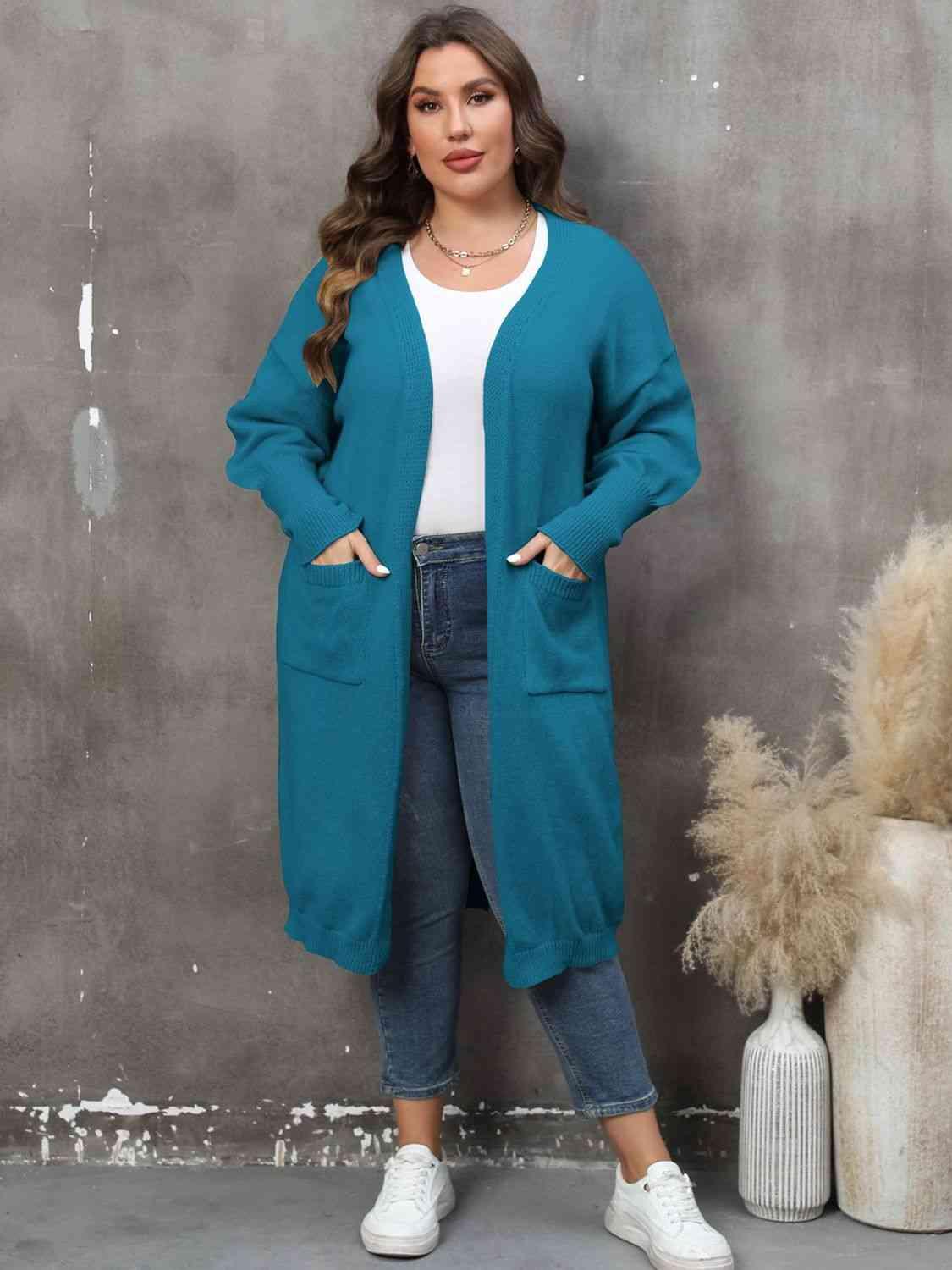 Plus Size Long Sleeve Pocketed Cardigan - Clothes For Her Online Store