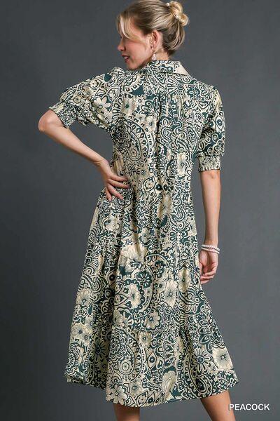 Umgee Full Size Printed Smocked Cuff Puff Sleeve Midi Dress Plus Size - Clothes For Her Online Store