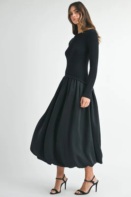 MABLE Ribbed Poplin Mix Midi Sweater Dress