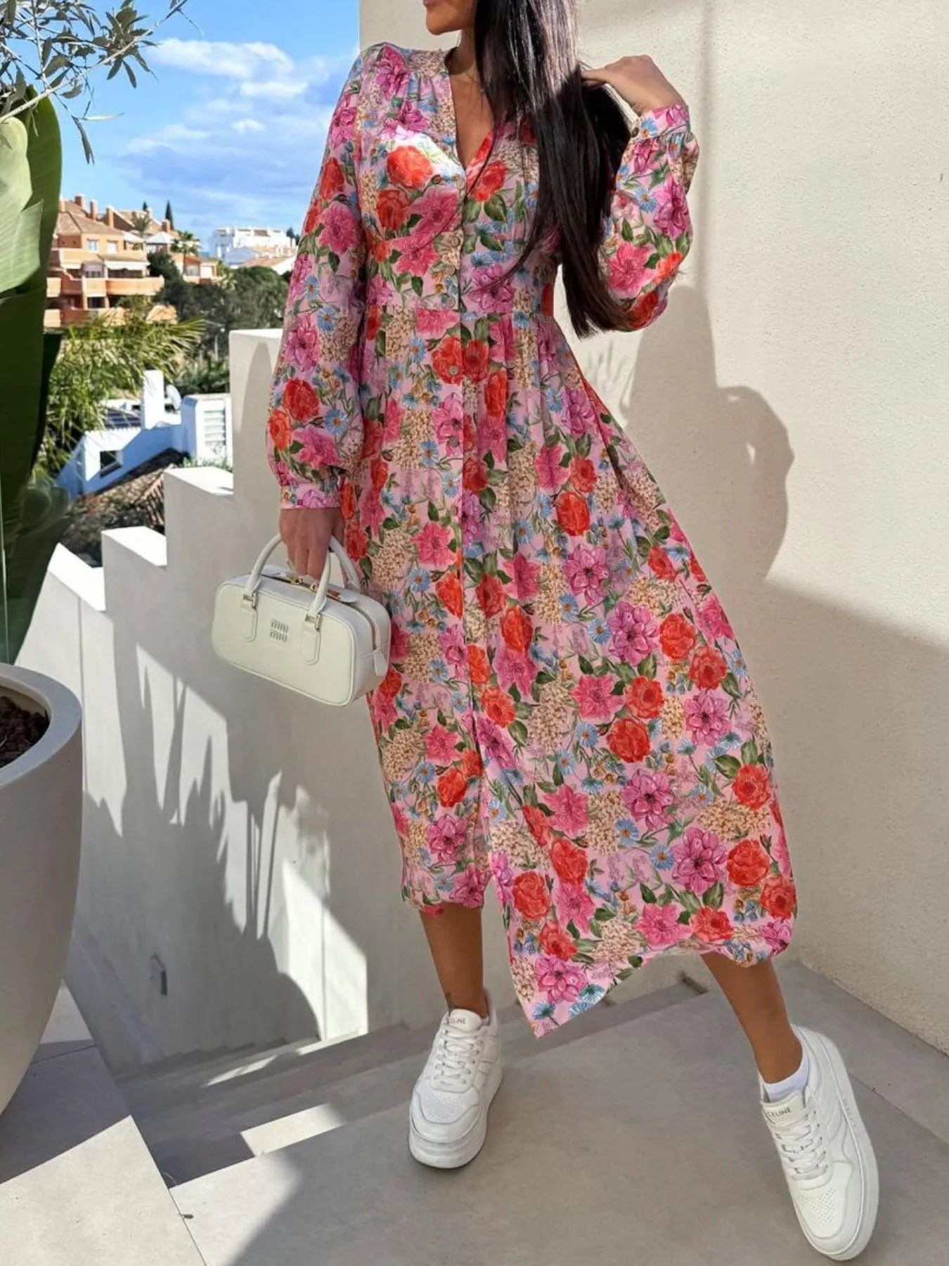 Floral Print Long Sleeve V-Neck Dress