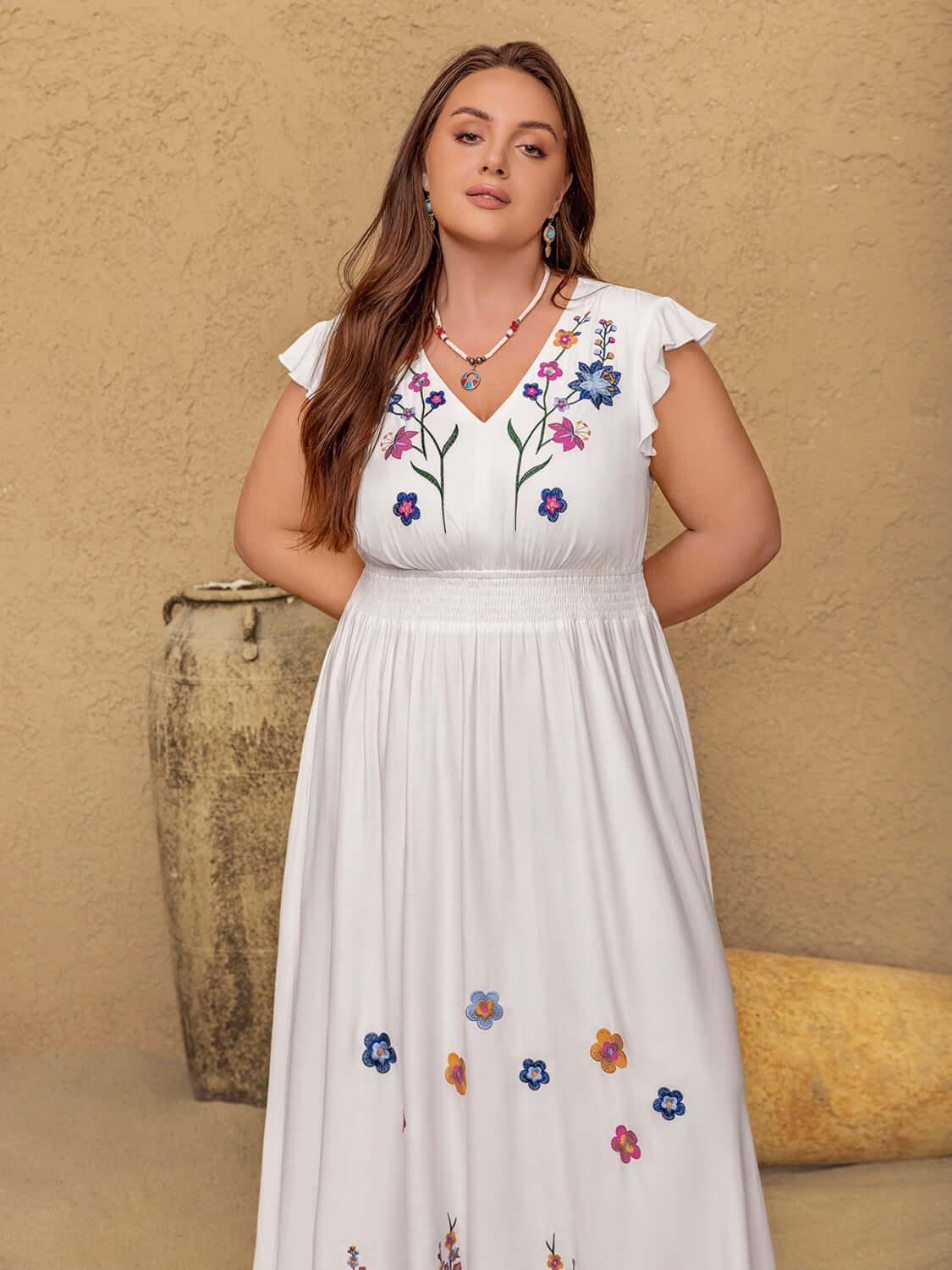 Plus Size Embroidered Floral V-Neck Cap Sleeve Maxi Dress