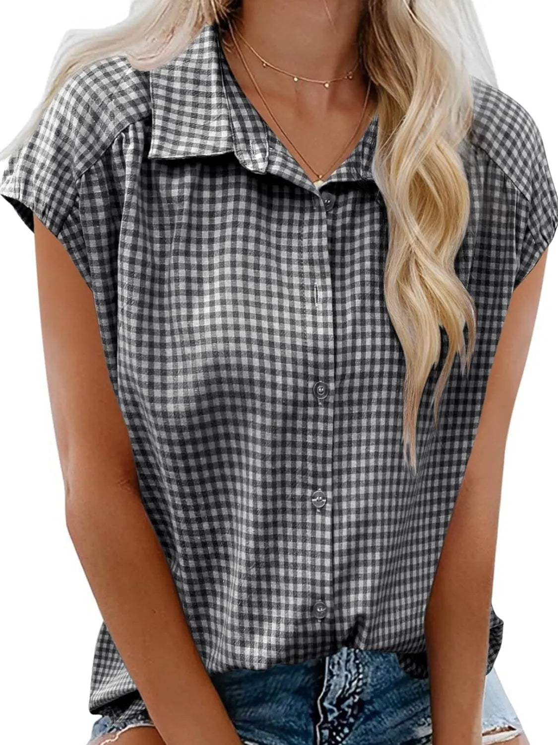 Plaid Button Up Cap Sleeve Shirt
