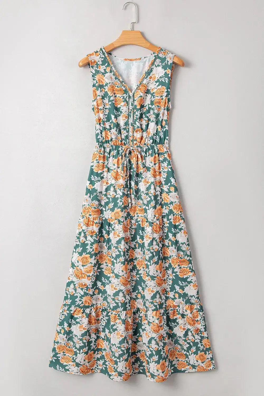 Floral Print Trimmed V Neck Tie Waist Sleeveless Dress