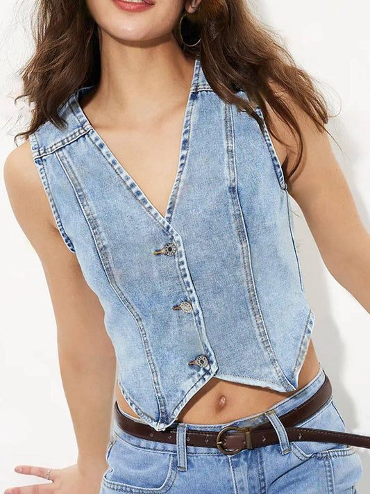 V-Neck Button Up Denim Vest