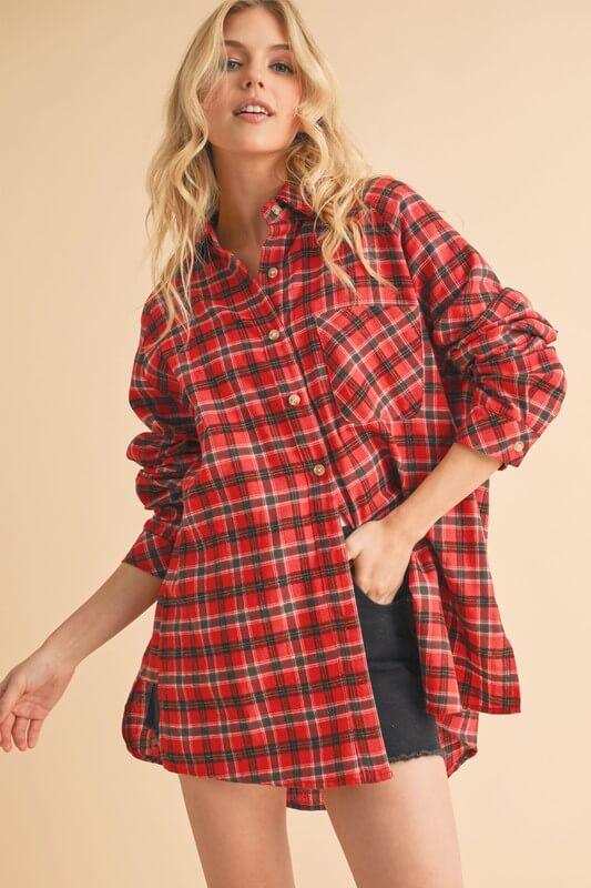 Aemi + Co Plaid Button Up Flannel Shirt with Chest Pocket