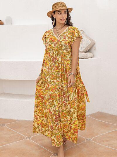 Plus Size Printed V-Neck Flutter Sleeve Tie Waist Maxi Dress