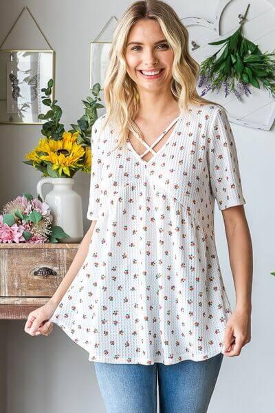 Heimish Full Size Crisscross Ditsy Floral Babydoll Top Plus Size