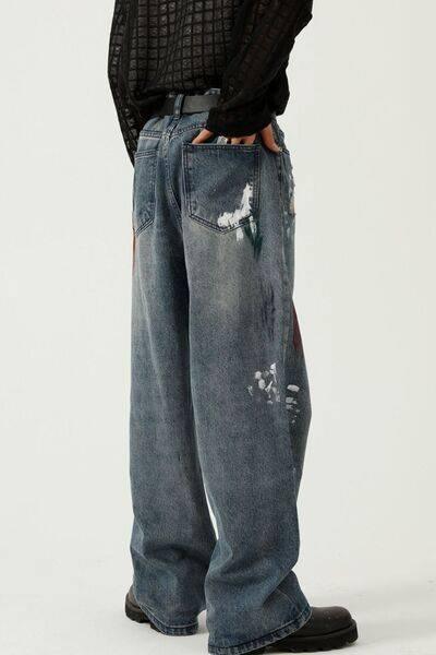 Washed Distressed Wide-Leg Jeans