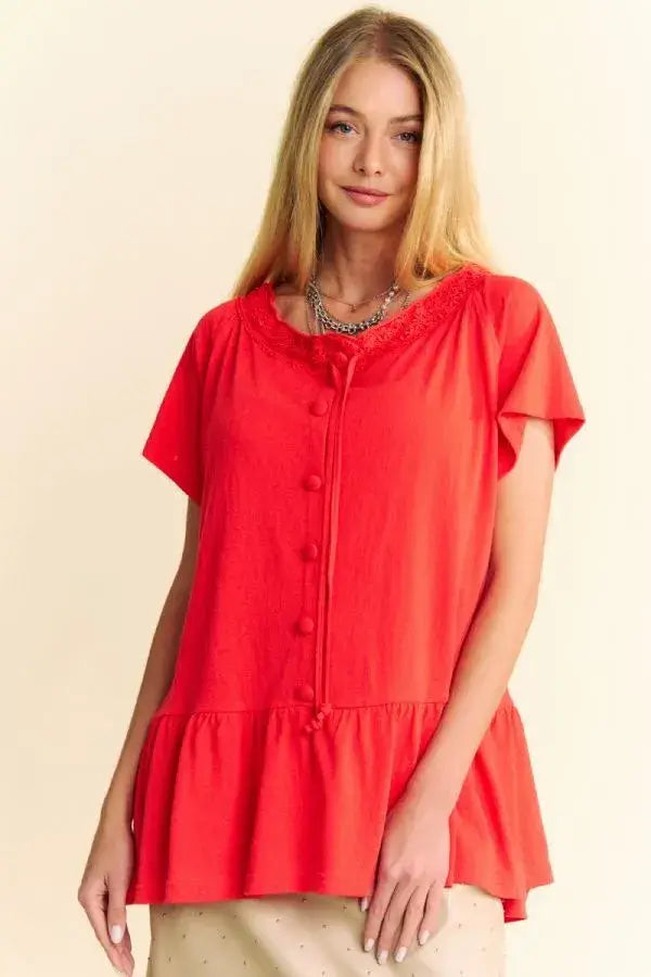 Davi & Dani Solid Lace Trim Neck Short Sleeve Peplum Top